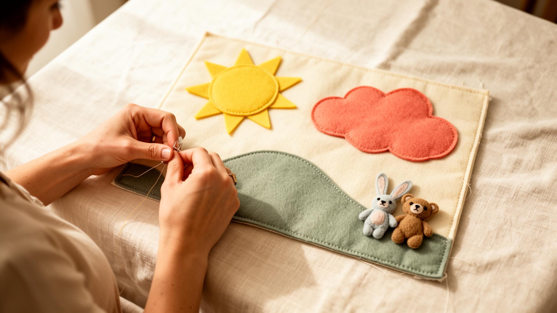 A mother hand-stitching a felt play mat pattern